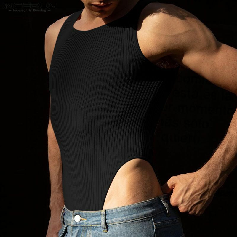 2023 męskie body w jednolitym kolorze z okrągłym dekoltem bez rękawów z dzianiny seksowne rampersy męskie podkoszulki przytulne stylowe body na lato S-2XL INCERUN