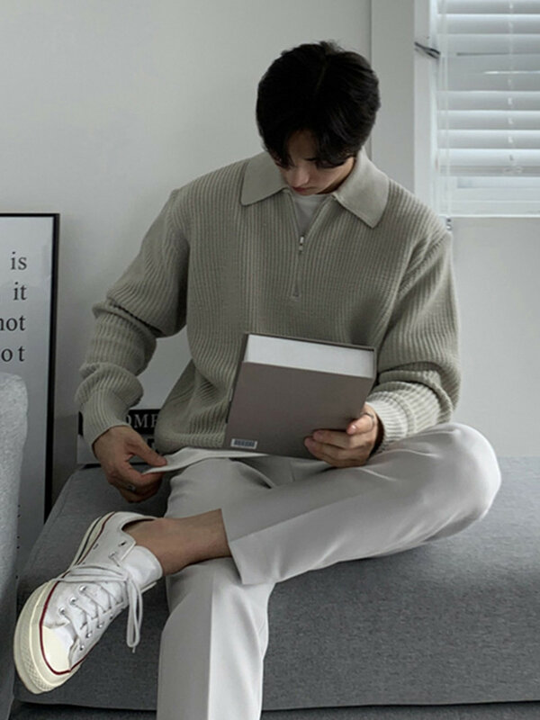 Lapel Sweater Autumn Winter Men Warm Fashion Casual Knit Pullover Loose Zipper Long Sleeve Sweater Male Jumper Clothes