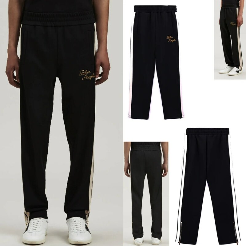 Palm Angels Gold embroidered logo striped zipper casual sweatpants for men and women