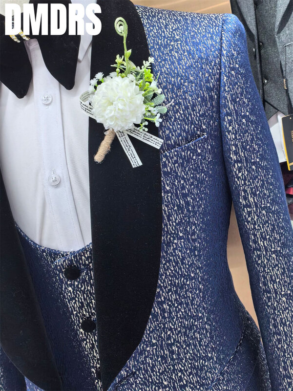 Elegant Man Suit Business Formal 3 Piece Set 2024 Slim Jacket Dress Blazers Coat Pants Trousers Sequin Single Breasted