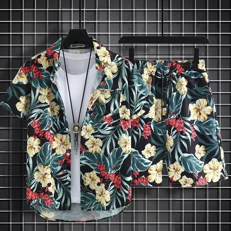 ชุดเสื้อเชิ๊ตลายดอกไม้ฤดูร้อนแขนสั้นเสื้อยืดชายหาดของผู้ชายเซ็ตเสื้อบางแบบลำลองสไตล์เกาะฮาวาย