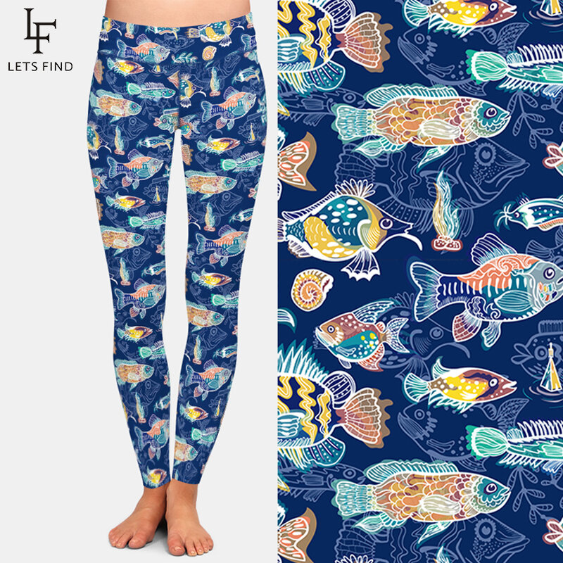 LETSFIND-하이웨이스트 풀 레깅스 탄성 슬림 여성용, 아름다운 물고기 프린트 피트니스 슬림 레깅스, 패션