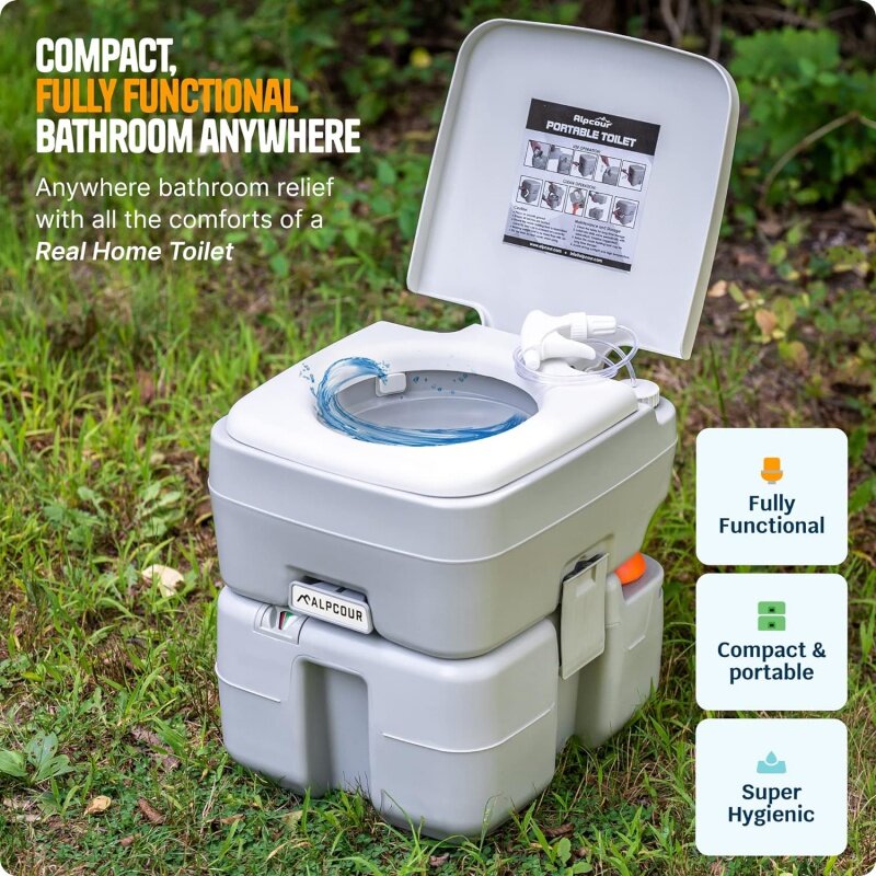 Alpcour Portable Toilet - Compact Indoor & Outdoor Commode w/Travel Bag for Camping, RV, Boat - Piston Pump Flush, 5.3 Gallo