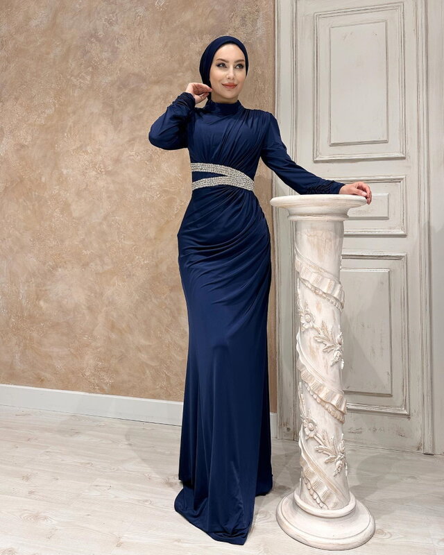 Epoch Long Prom Dress فساتين السهرة O-Neck Elegant Crystal Belt Muslim Cocktail Party Gown For Sexy Women 2024
