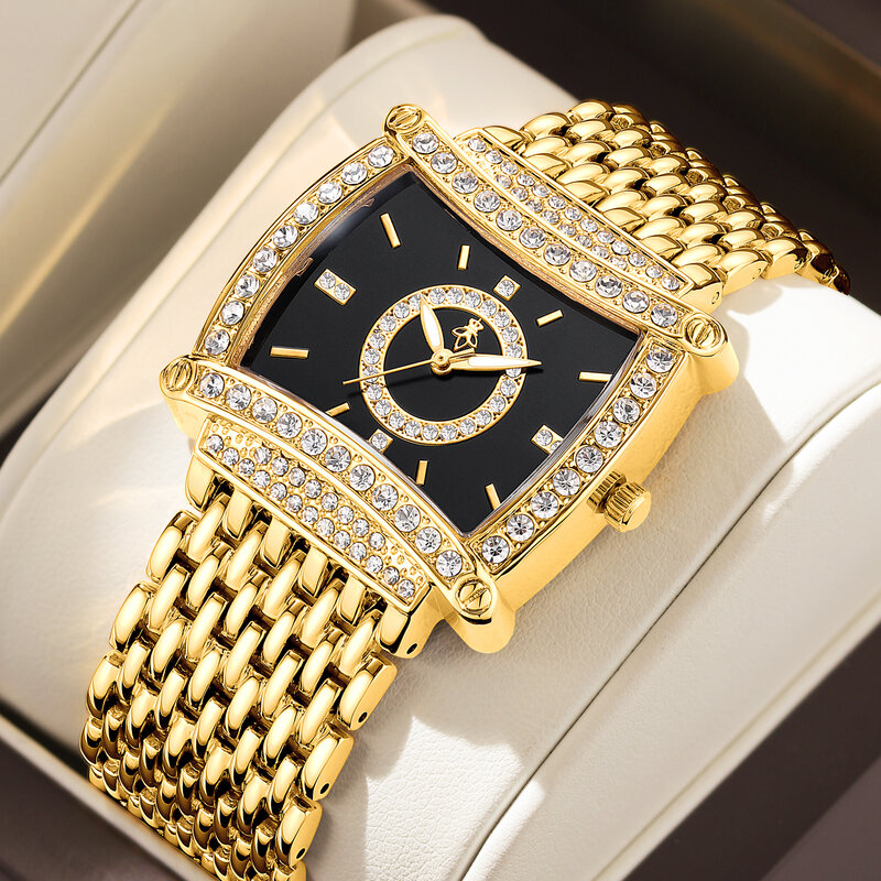 Yalusi นาฬิกาผู้หญิงแบรนด์2024ใหม่ขายดีประดับเพชรคริสตัลสีทองหรูหรากล่องนาฬิกาขจัดไอออนชุบทอง