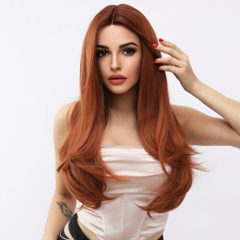 Smilco Orange Synthetic Lace Front Long Straight Wigs For Women Invisible Lace Front Preplucked Wig Daily Heat Resistant Hair