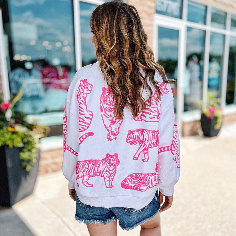 2024 New Women's Pink Tiger Print Pullover O Neck Sweatshirts Loose Casual Tops Indie Spring Autumn Fashion Pullovers NASY0008