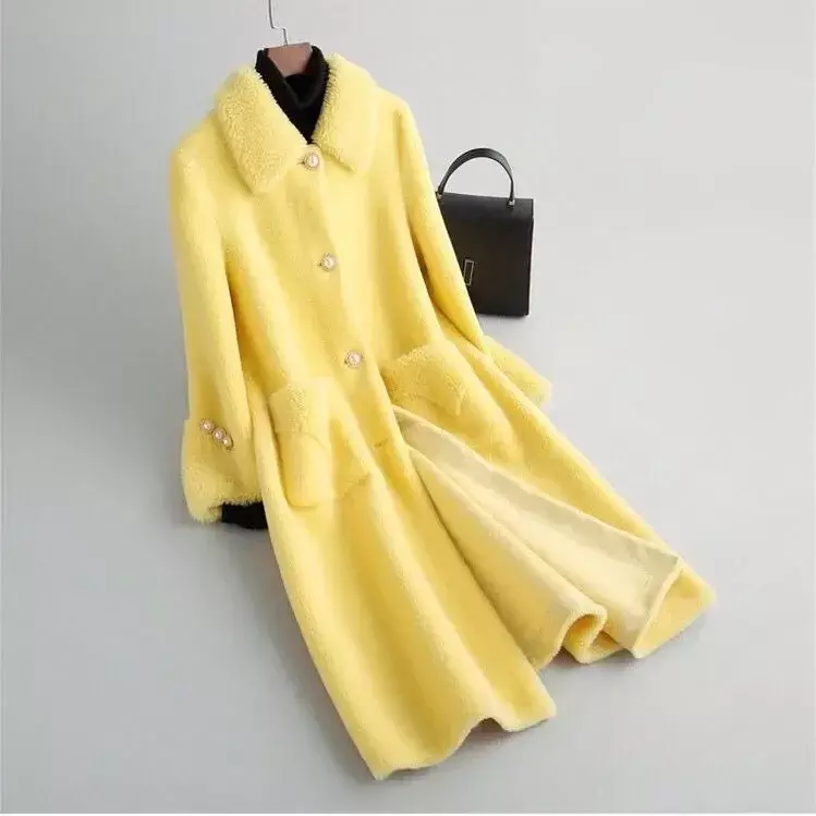 Abrigos cálidos de piel de cordero auténtica para mujer, chaquetas sueltas largas de Color sólido, O518, otoño e invierno, 2023