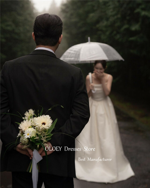 Oloey Elfenbein Korea Satin eine Linie Brautkleider Fotoshooting Träger Korsett zurück boden lange Brautkleider nach Maß 2024