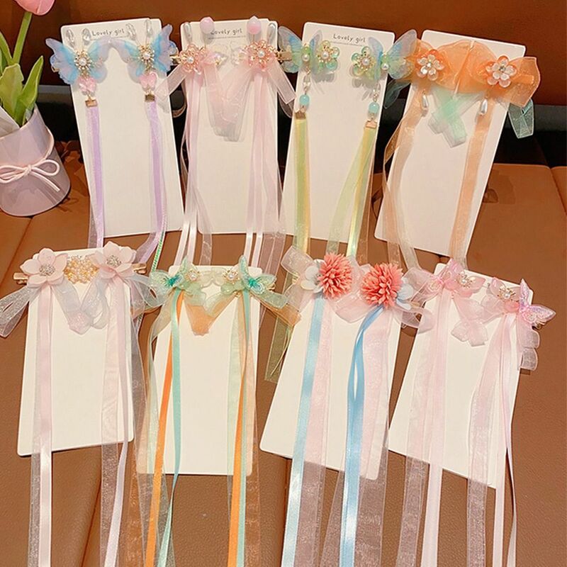 Chinese Style Pearl Flower Cabelo Clip para Meninas, Hanfu Ornamento, Long Streamer, Kids presilhas, Headwear Acessório