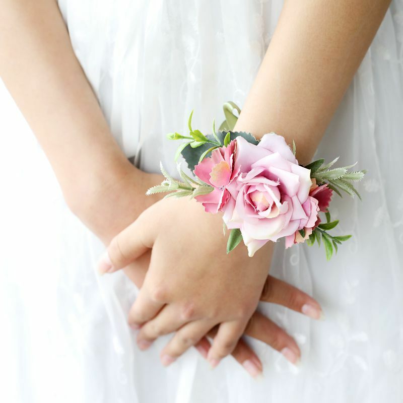 เสื้อยกทรงรัดข้อมือ boutonniere เพื่อนเจ้าสาวสร้อยข้อมือแต่งงานดอกไม้กุหลาบผ้าไหมปาร์ตี้พรหมสายรัดข้อมือกำไลแต่งงาน