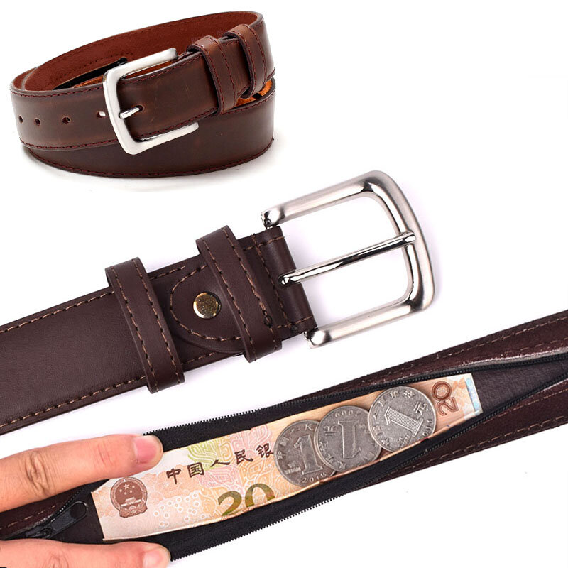 Cinturón de cuero PU con hebilla para hombre y mujer, cinturón antirrobo con cremallera oculta para dinero en efectivo, para viaje diario, longitud de 125cm