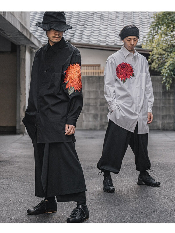 Ciemne japońskie haft w kwiaty oryginalne męskie koszule i bluzki damskie yohji homme Unisex oversize koszule dla mężczyzn