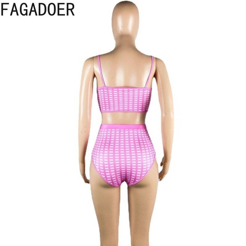 FAGADOER Summer Plaid Print Two Piece Sets Women Thin Strap Sleeveless Crop Top And Shorts Outfits Female Holiday Beach Clothing