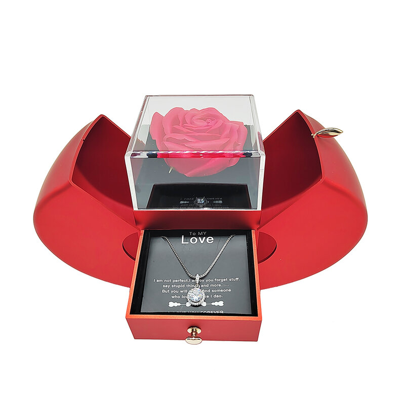 Collar de caja de joyería de manzana roja, Rosa eterna para niña, regalo de Navidad, Día de la madre, Año Nuevo, regalos de San Valentín, envío directo
