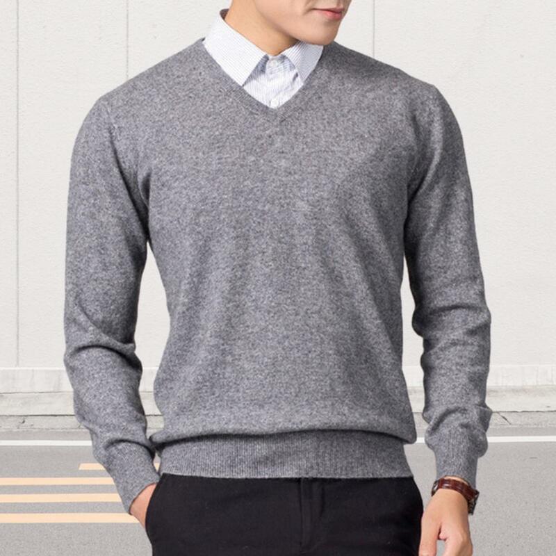 Men Pullover Autumn Winter Solid Color Sweater V-neck Long Sleeve Slim Fit Knitting Tops Warm Comfortable Knitwear