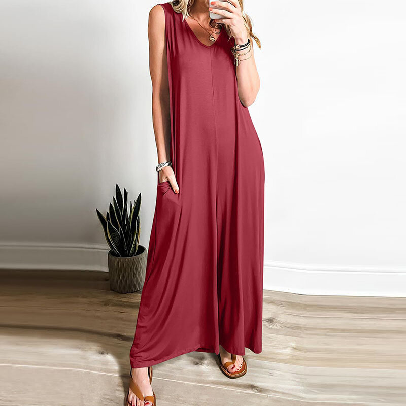 Summer Fresh And Leisure Female Pockets Jumpsuits Thin Solid Color Casual Sleeveless V Neck Wide-leg Pants Fashion Loose Rompers