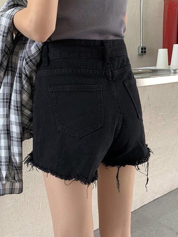 Spodenki jeansowe wysokiej talii damska letnia, z kieszenią z dziurami i frędzlami porwane jeansy krótkie spodenki damskie Femme