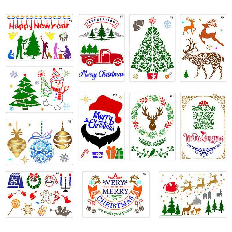Plantillas de pintura navideña, plantilla para hacer tarjetas, decoración artesanal de vacaciones de invierno, 12 piezas