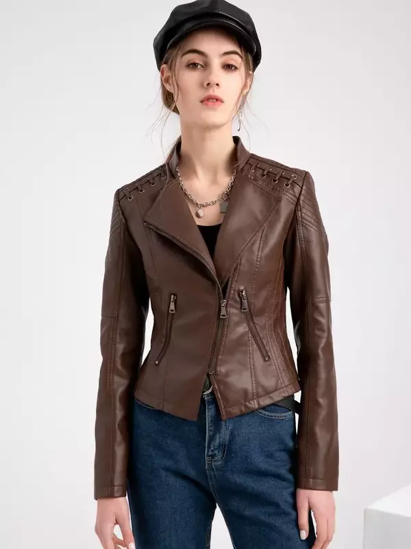 Jaqueta de couro sintético feminina, manga comprida, com zíper, slim, casaco de motociclista, tops femininos soltos, 4x, outono, inverno
