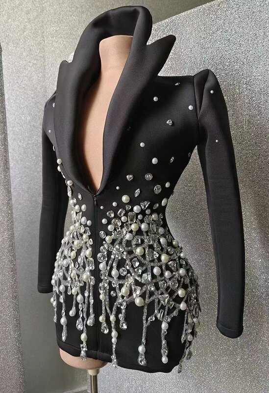 Mini vestido de strass espumante longo sem mangas feminino, vestido de baile, preto, elegante, desempenho, 2022