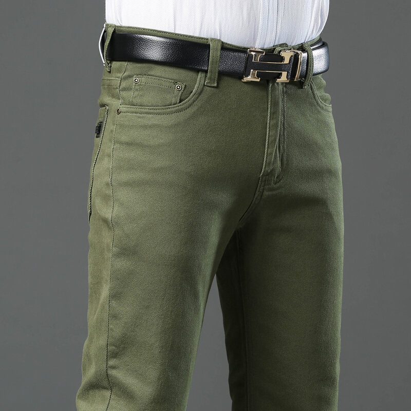Celana panjang pria, Jeans gaya klasik musim gugur 3 warna ramping coklat, bisnis kasual kualitas tinggi regang merek