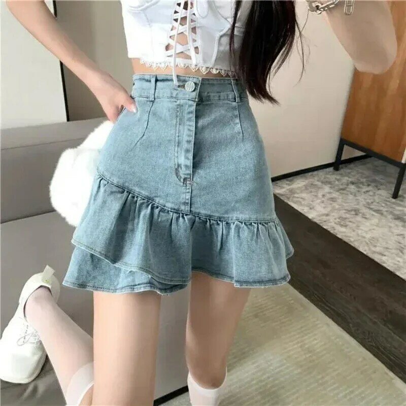 Mini Blue Denim Skirts Women Asymmetrical Ruffles A-line High Waist Korean Fashion Chic Sweet Summer Prevalent Girlish Clean Fit
