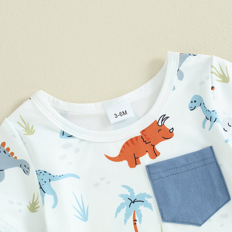 ملابس بطباعة ديناصور للطفل الرضيع ، قمم برقبة مستديرة ، أكمام قصيرة ، شورت بخصر مرن ، طفل رضيع ، مجموعة الصيف