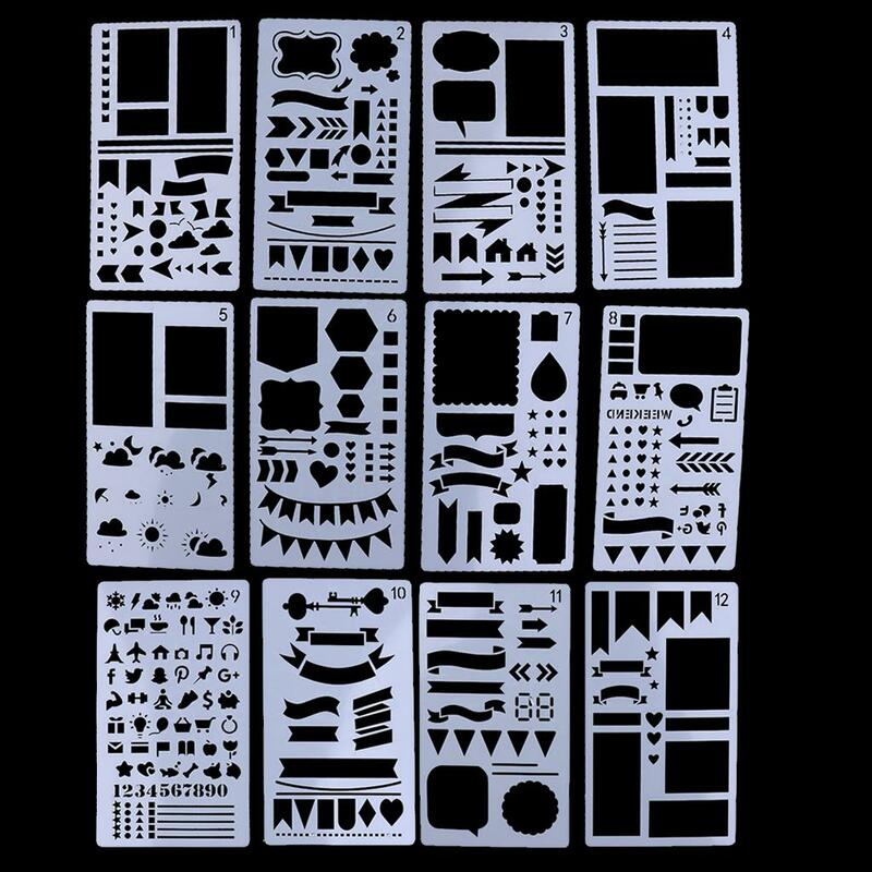 12 Stuks Plastic Tijdschrift Stencil Tekening Sjabloon Liniaal Voor Diy Planner Dagboek