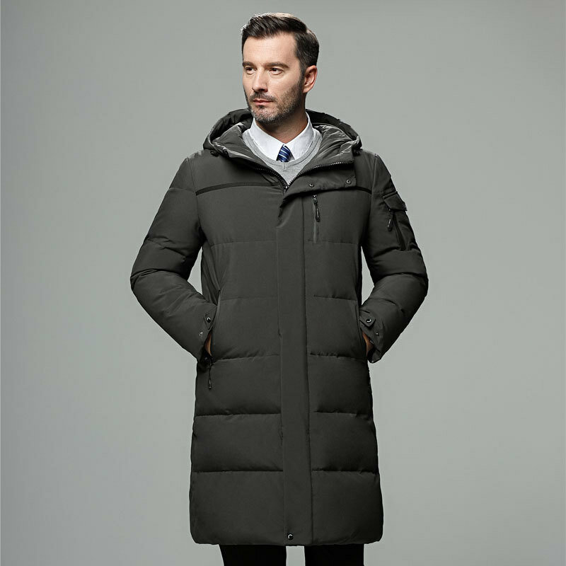 Jaqueta de comprimento médio masculino, jaqueta alta, espessado de grandes dimensões com capuz, de meia idade e idosos, novo, inverno