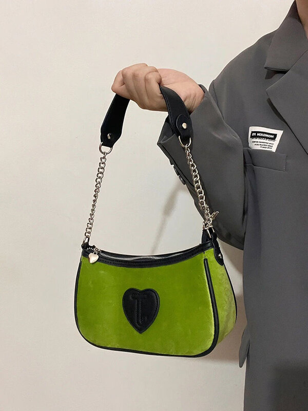 Y2K حقائب كتف كورية عتيقة باللون الأخضر تحت الإبط حقائب يد للسيدات بحمالة من المخمل الإبط حقائب يد للنساء
