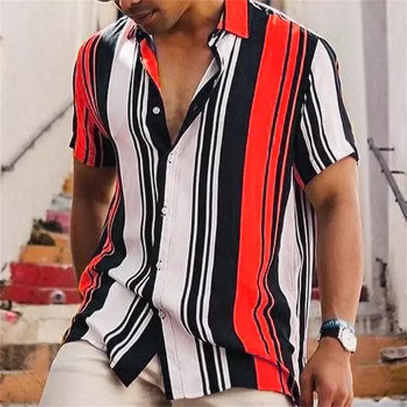 2024 Summer Men's Vertical Pattern Printed Shirt Street Fashion Short Sleeve Flip Collar Button Comfortable Fabric Clothing