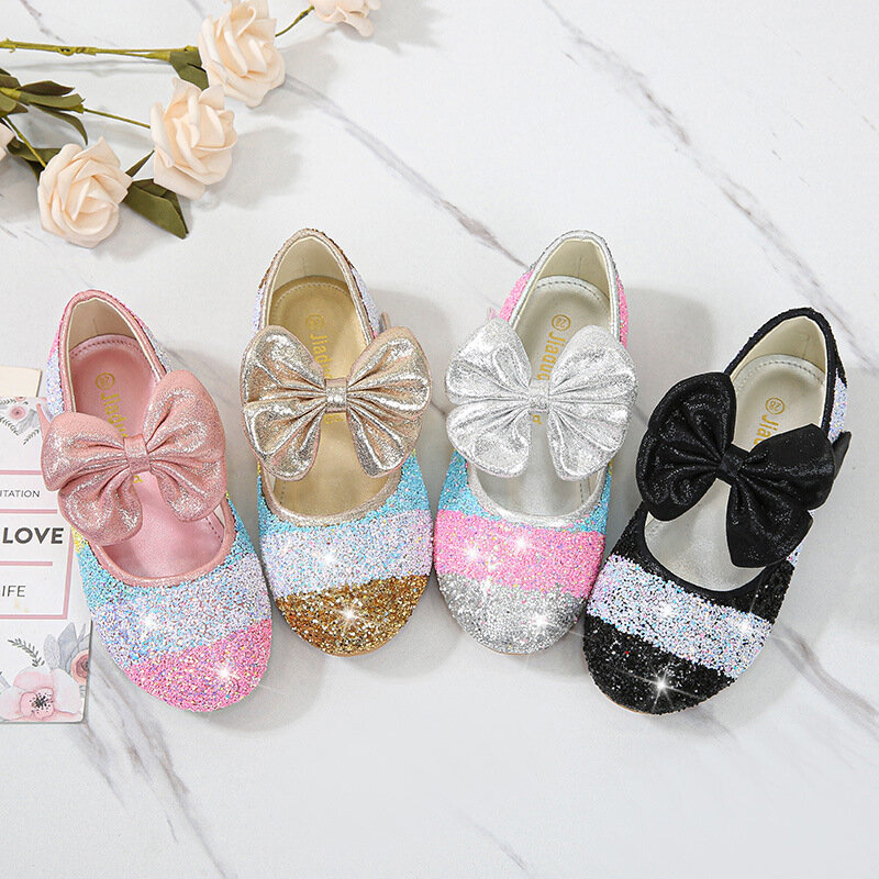 Zapatos de princesa para niñas pequeñas, calzado infantil de cuero brillante con lazo de arcoíris y lentejuelas, para exteriores y fiestas de boda, otoño