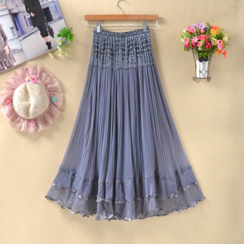 Lace Patchwork Pleated Skirts for Women High Waist Elastic Midi Long Mesh Tull Skirt Female Vintage Elegant Summer