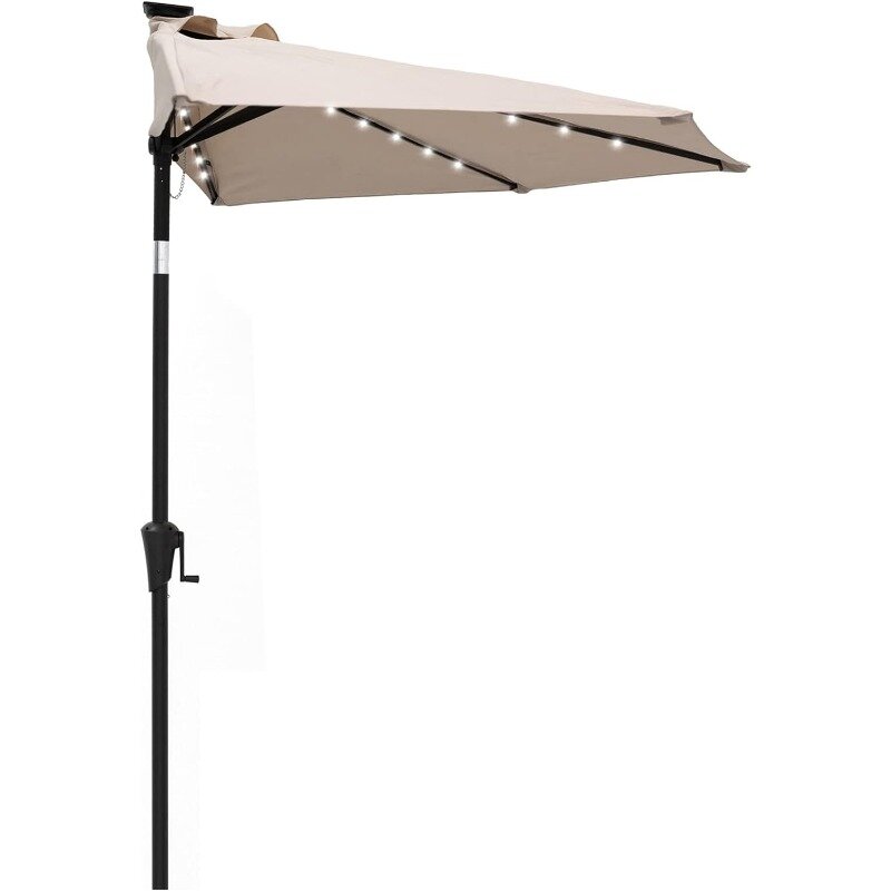 반원형 야외 파티오 시장 벽 우산, 태양광 LED 조명 및 기울기, 9 피트