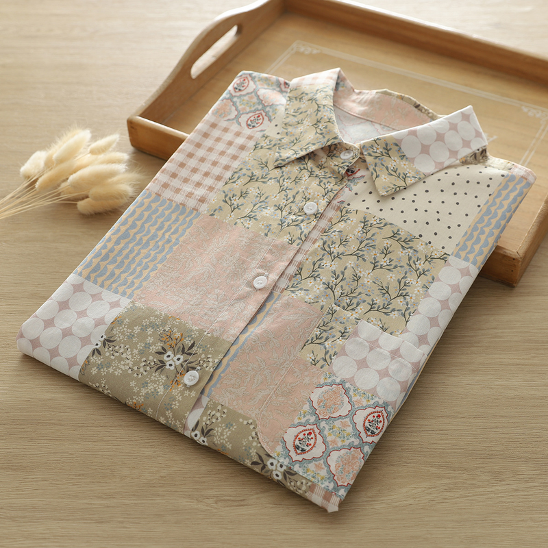 Chemises et chemisiers patchwork College Harajuku pour filles, style japonais Mori, fil 100% coton, vintage, manches courtes, été, mode