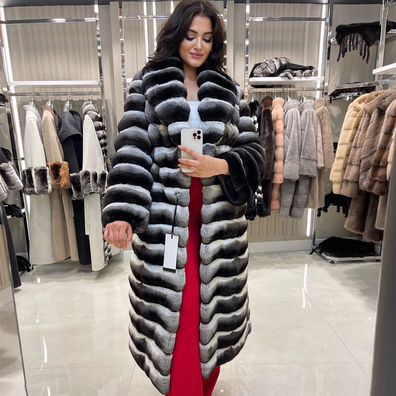 Mantel Musim Dingin Panjang Wanita Mantel Bulu Kelinci Rex Mewah Chinchilla untuk Wanita Mantel Bulu Hangat Wanita Penjualan Terbaik