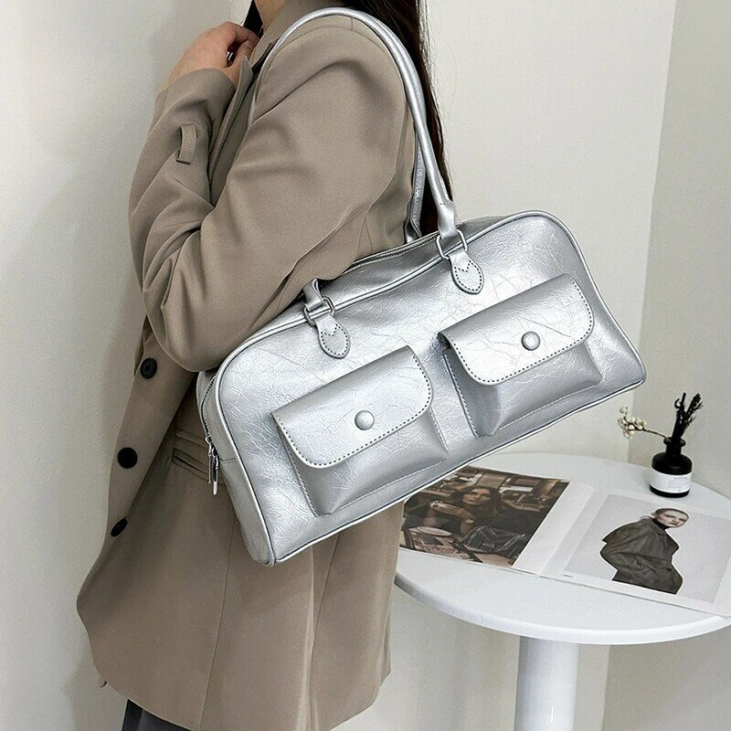 Fashion Travel Bag For Women Large Capacity Sport Bag Simple Casual Handbag Totes High Quality Pu Leather Shoulder Bag Silver