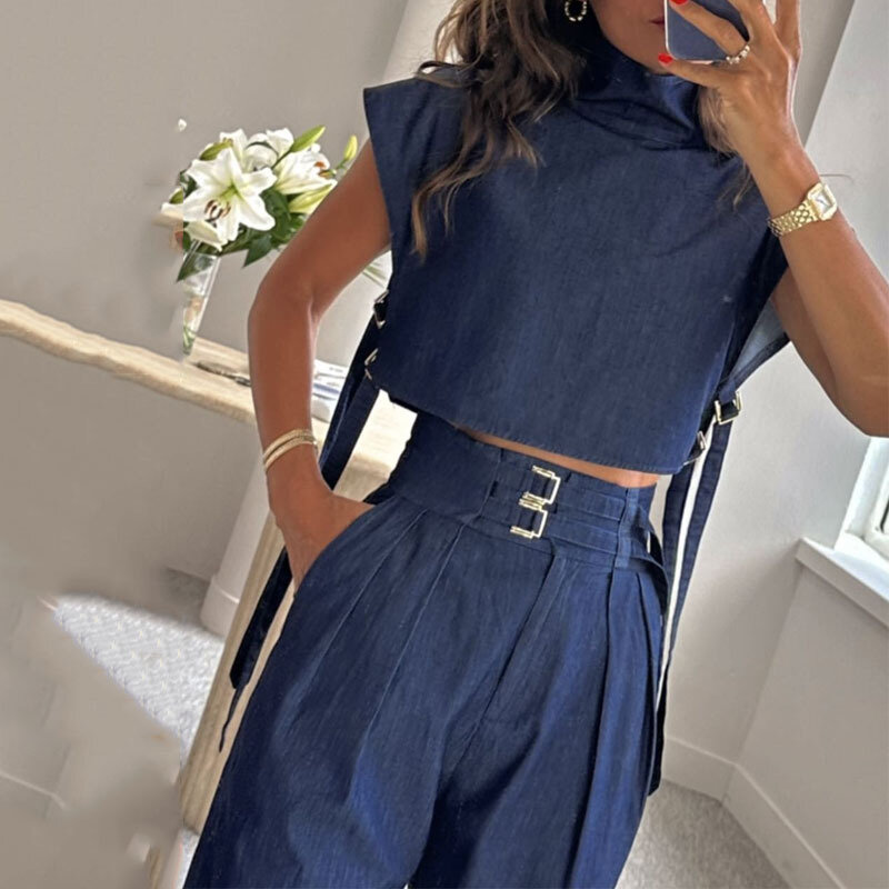 Casual Summer Two Piece Sets Womens Outifits Suits Women High Neck and Short Sleeves Top and High-waisted Straight-leg Pants Set