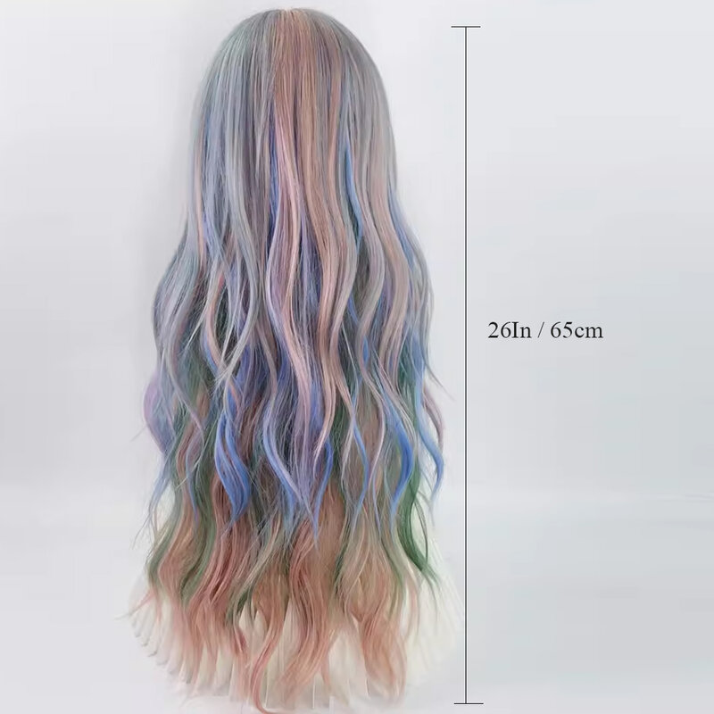 Rainbow Ombre Long Wavy Women Wigs with Bangs Synthetic Lolita Cosplay Hair Wig for Daily Party