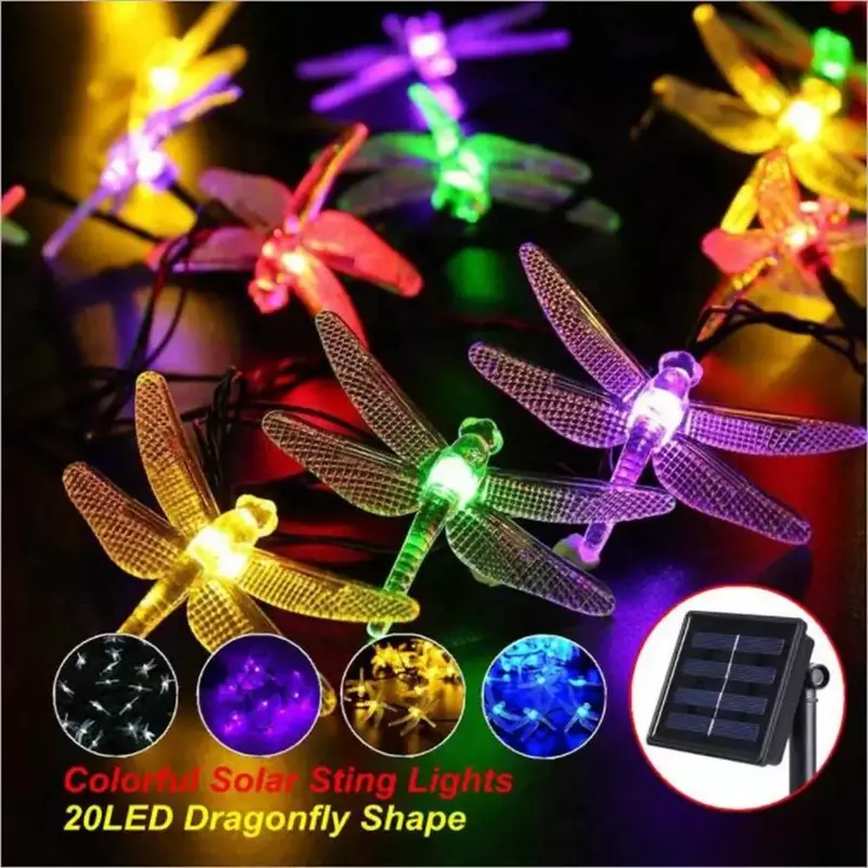 Guirnalda de luces solares de libélula, 100 LED, 8 modos, para fiesta de Navidad, jardín, decoraciones navideñas, lámpara Solar para exteriores