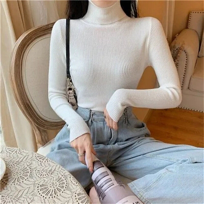 Turtleneck Sweater rajut untuk wanita, kaos dasar rajut lengan panjang warna polos sederhana, Sweater elastis tinggi untuk wanita