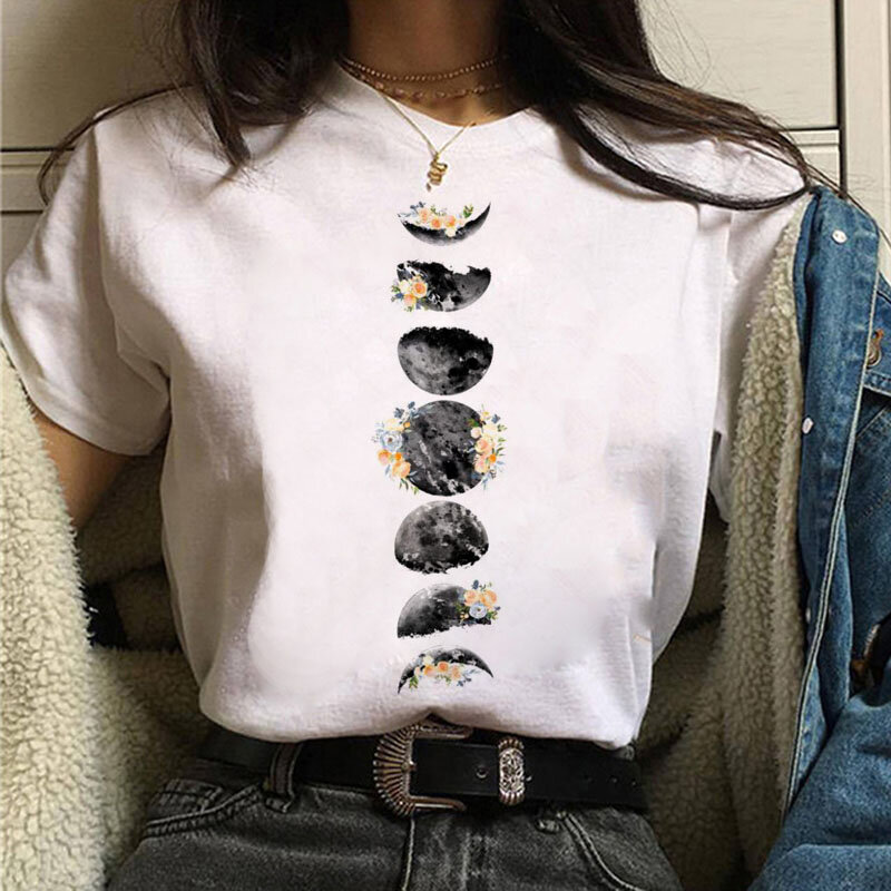 Moda damska T-Shirt księżyc akwarela sztuka kwiatowa wydrukowane bluzki kobiet z krótkim rękawem T-Shirt 90s dziewczęcy damski uroczy koszulka z nadrukiem