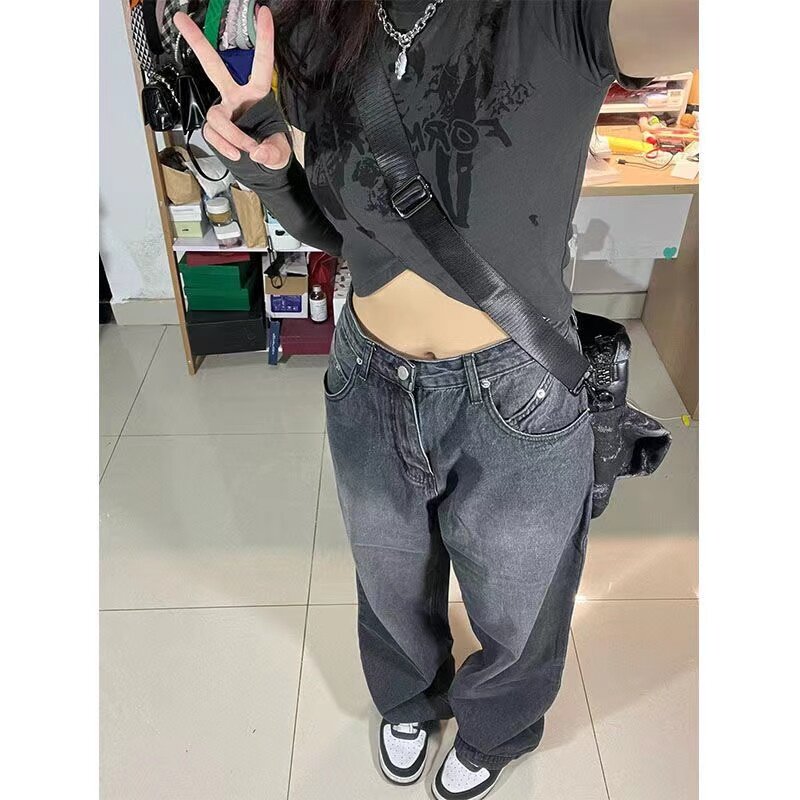 Calça jeans folgada preta vintage feminina, de cintura alta, de pernas largas, calça jeans grunge, roupa coreana, Y2K, alta, alta