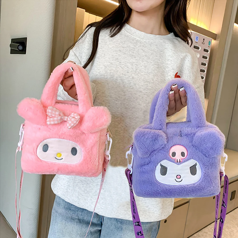 Sac à main en peluche Sanurgente pour femme, Kawaii Kuromi Cinnamoroll Melody Cartoon Anime, sac à bandoulière, sacs de rangement de voyage cosmétiques, cadeaux pour filles