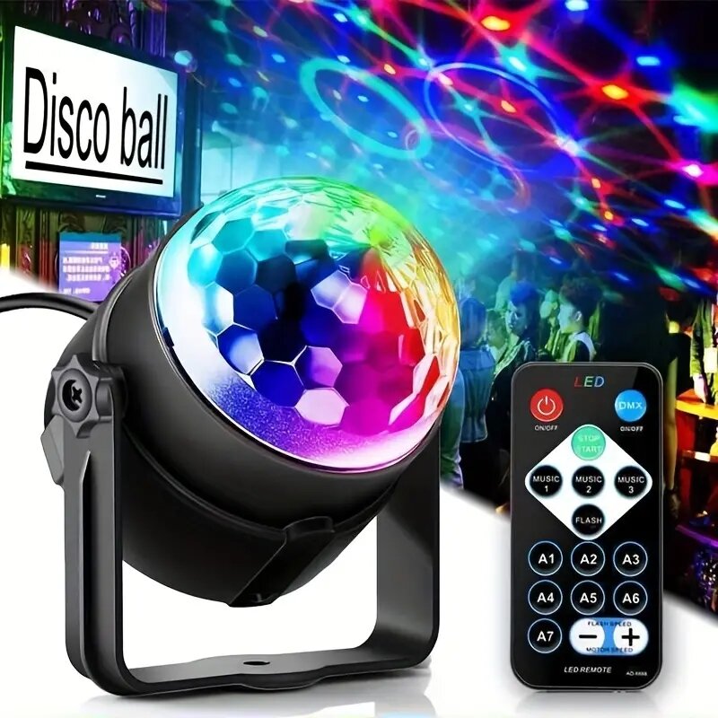 Lumière rotative activée par le son, lumière stroboscopique LED colorée, scène activée par le son, télécommande, boule de Chang, escales