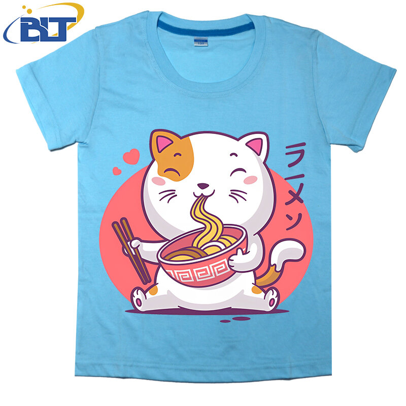 Neko ramen impresso manga curta t-shirt para as crianças, algodão tops casuais para meninos e meninas
