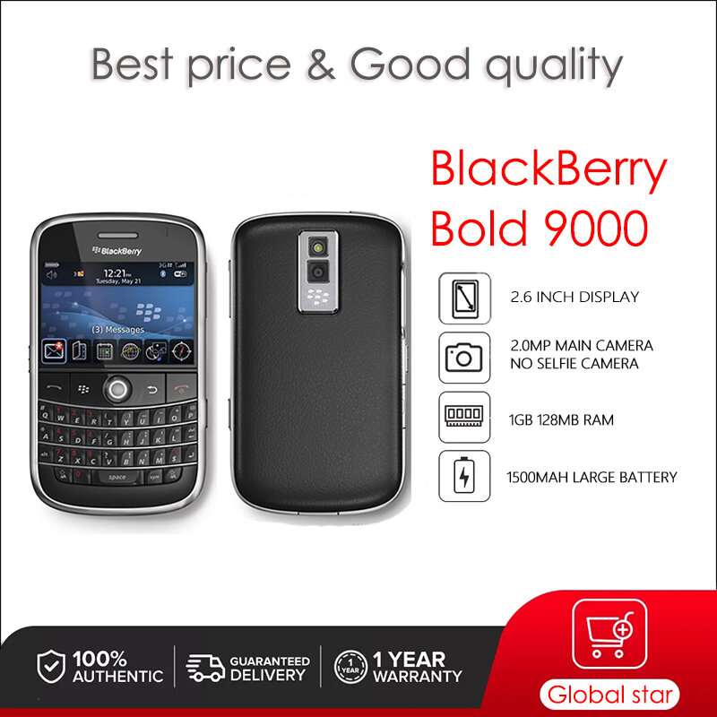BlackBerry Bold 9000-teléfono móvil renovado, Original, desbloqueado, 1GB, 128MB de RAM, cámara de 2MP, Envío Gratis