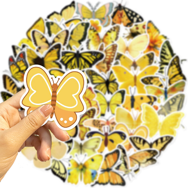 Etiquetas adhesivas de papel adhesivo de mariposa amarilla, calcomanía impermeable, suministros de papelería, decoración DIY, álbum de recortes, 50 piezas
