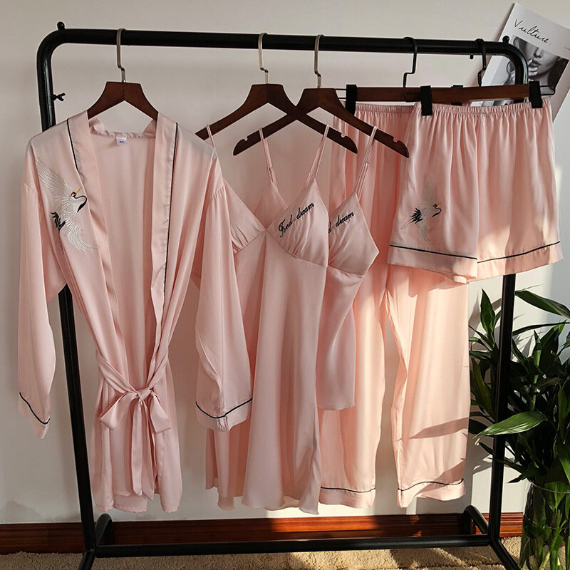 Пижамный комплект из пяти предметов, кружевная ночная рубашка с отделкой для мужчин, Сексуальная Домашняя одежда из вискозы, кружевная отделка, майка, шорты, штаны, халат и ночная сорочка на бретелях